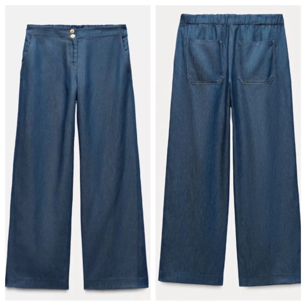 NWT! ZARA DENIM EFFECT OVERSIZED BLAZER and WIDE LEG PANTS INDIGO